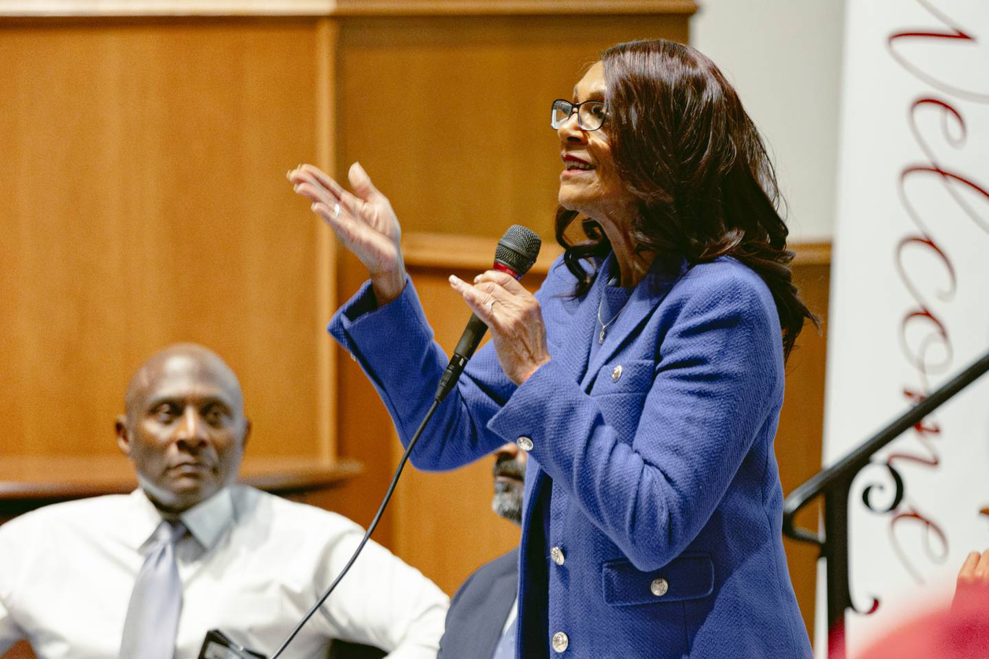 Mayoral candidate Sheila Dixon speaks to the packed crowd at the mayoral debates held at Roland Park Presbyterian Church on March 4, 2024 in Baltimore.