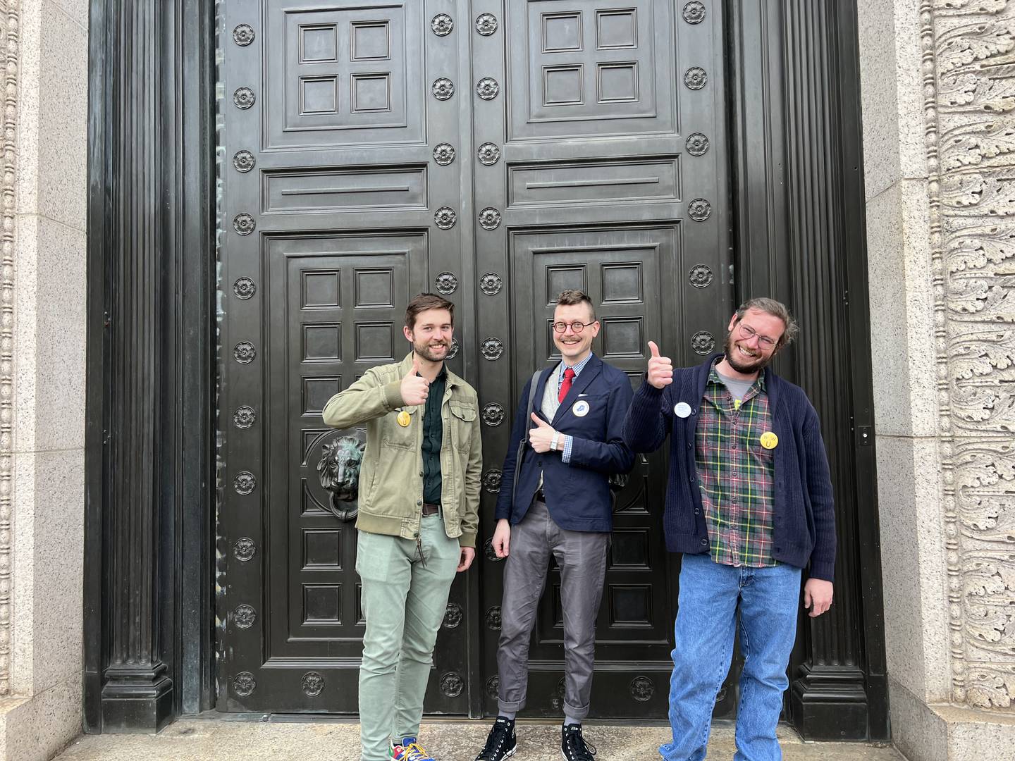Walters Museum employees after they reached an election agreement. They have been for two years. From left to right: Garrett Stralnic, Gregory Bailey, and Will Hays