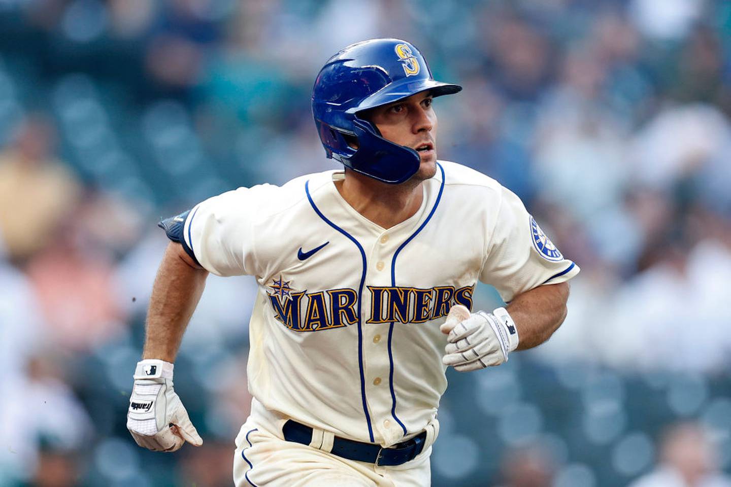 SEATTLE, WASHINGTON - OCTOBER 02: Adam Frazier #26 of the Seattle Mariners runs to first base during the ninth inning against the Oakland Athletics at T-Mobile Park on October 02, 2022 in Seattle, Washington.