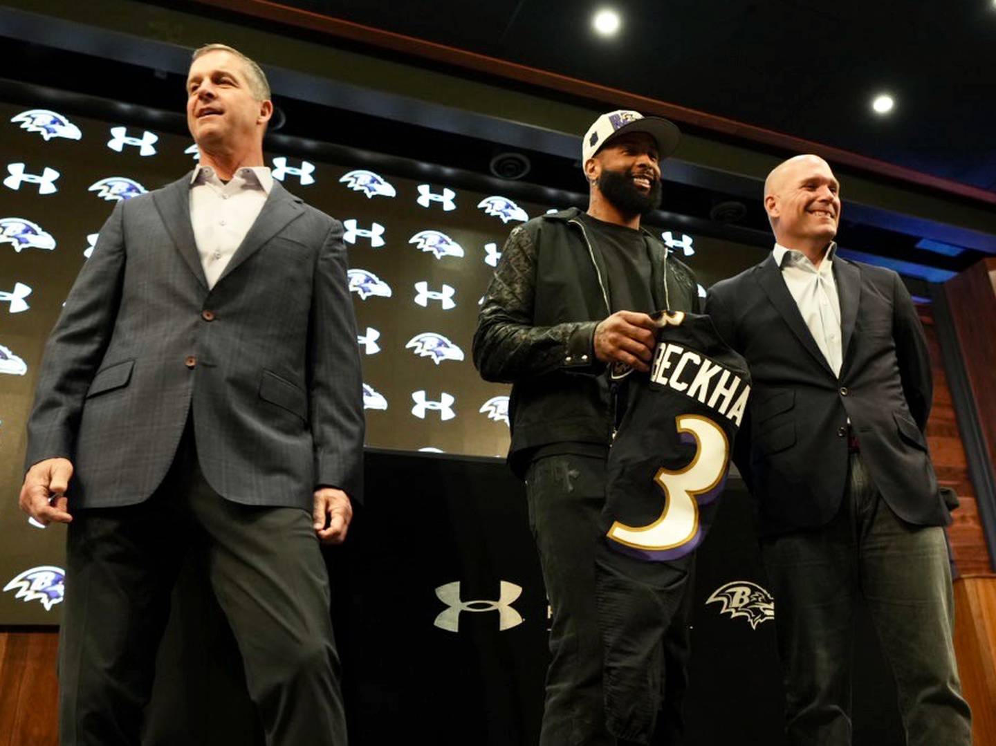 Jim Harbaugh (left), Odell Beckham Jr. (center), announce officially joining the Baltimore Ravens, April 13, 2023.