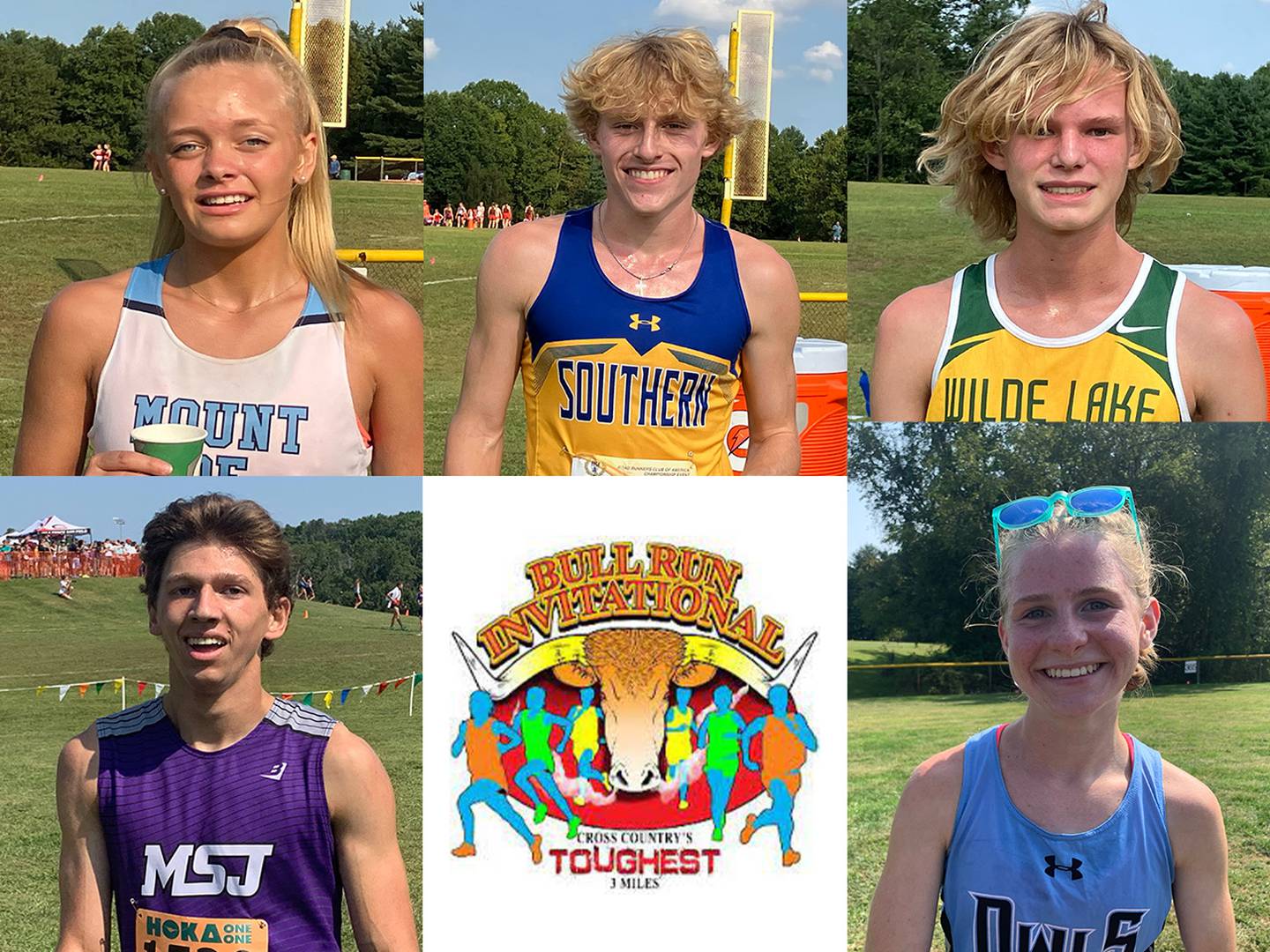 Five Baltimore area runners won their division races at the 2022 Bull Run, Saturday at Hereford. The include (clockwise from top left) Mount de Sales' Grace Tate, Southern-AA's Eric Penkala, Winter Mill's Henry Hooper, Westminster's  Hannah Toth and Mount St. Joseph's Charles Butler.