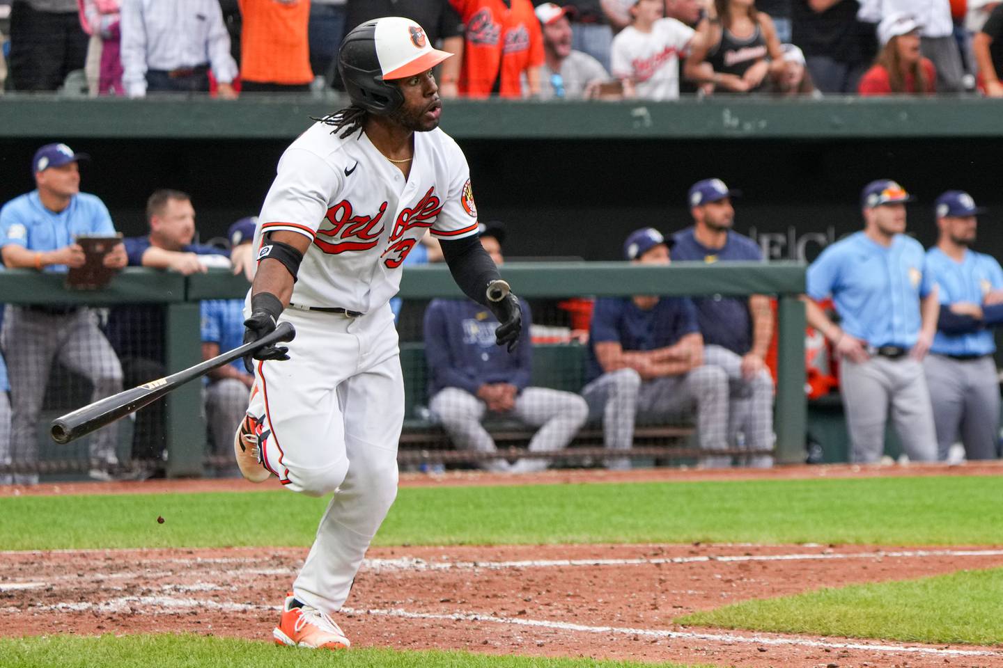 Baltimore Orioles center fielder Cedric Mullins (31) hits a sacrifice fly in the eleventh inning to win the game against the Tampa Bay Rays on Sunday, September 17, 2023. The Baltimore Orioles clinched a spot in the postseason for the first time since 2016.