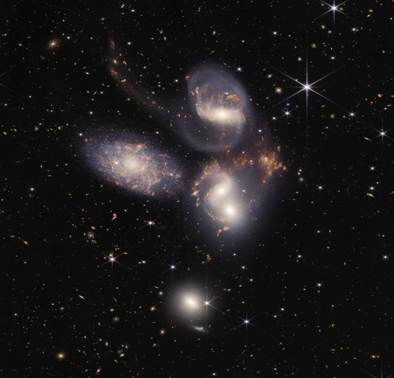 In an enormous new image, NASA’s James Webb Space Telescope reveals never-before-seen details of galaxy group “Stephan’s Quintet.”