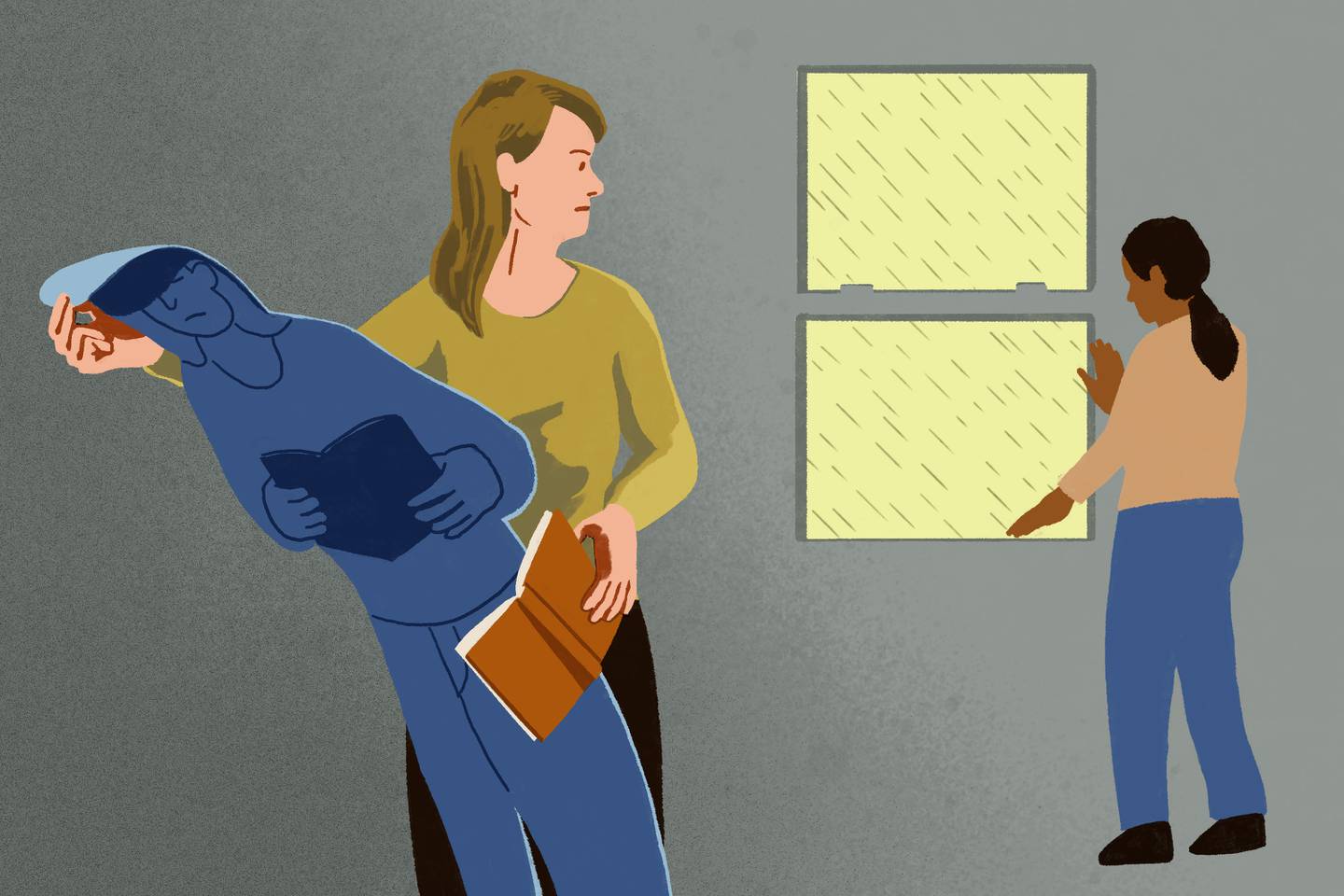 Illustration of teacher peeling off blue, sad version of herself, and looking over shoulder at female student standing next to a window.