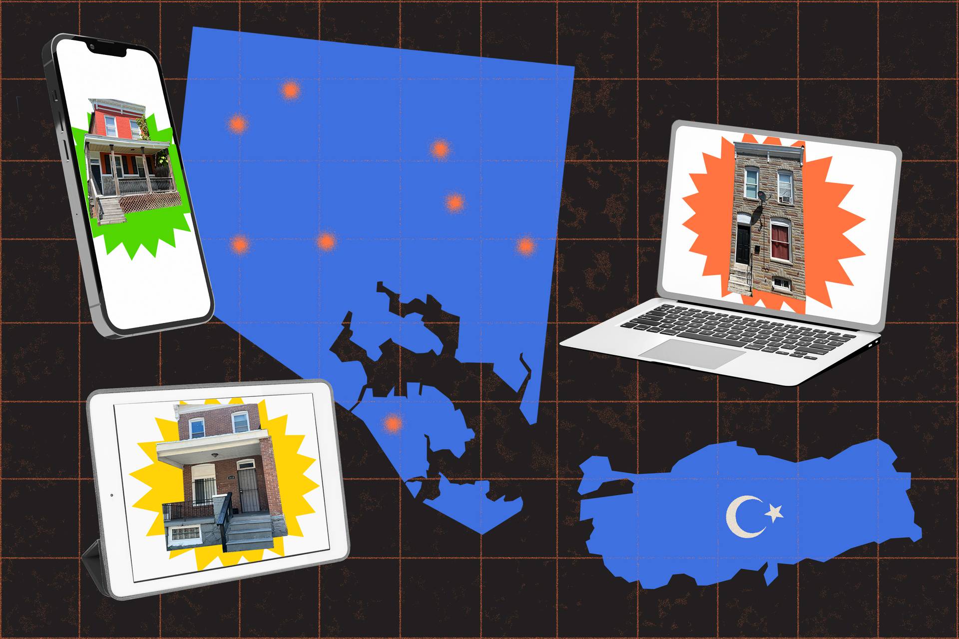 Illustration of laptop, tablet, and phone with ads of Baltimore row homes on their screens, with map of Baltimore and map of Turkey in background.