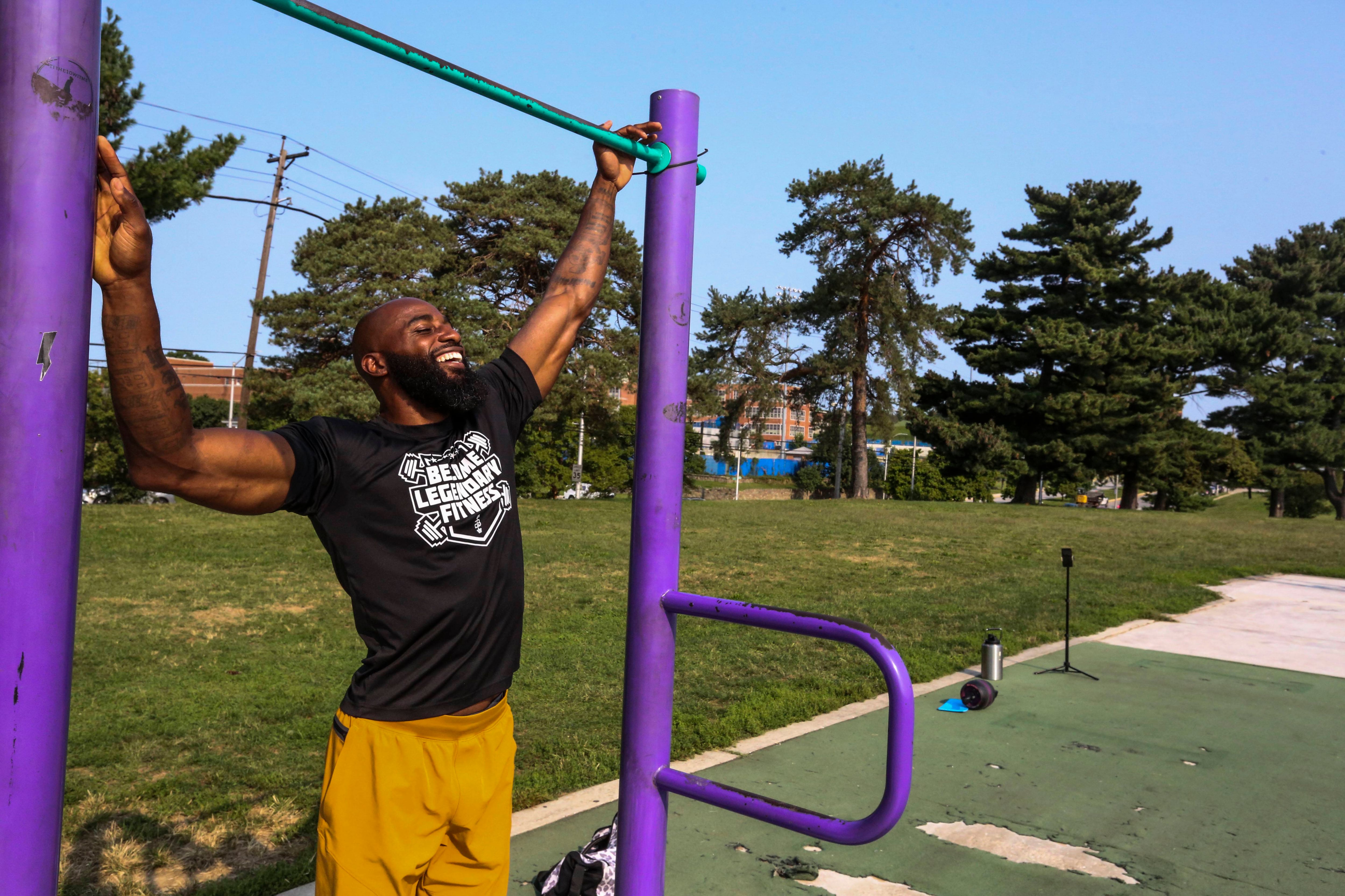 Marcus Hatten, a former basketball player, has been coaching workout classes in the park at Lake Montebello that have attracted a large and dedicted following.
