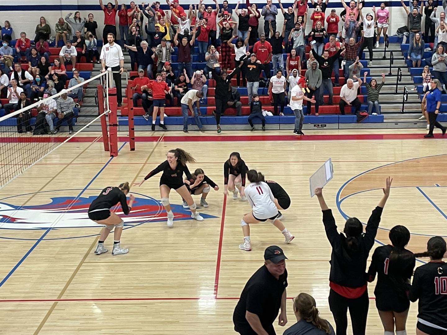 Crofton's volleyball players and their fans celebrate match point in the Cardinals' five-set state-quarterfinals victory over top-seeded Centennial Friday night. The Anne Arundel County program is only two years old and headed to the Class 3A state semifinals.