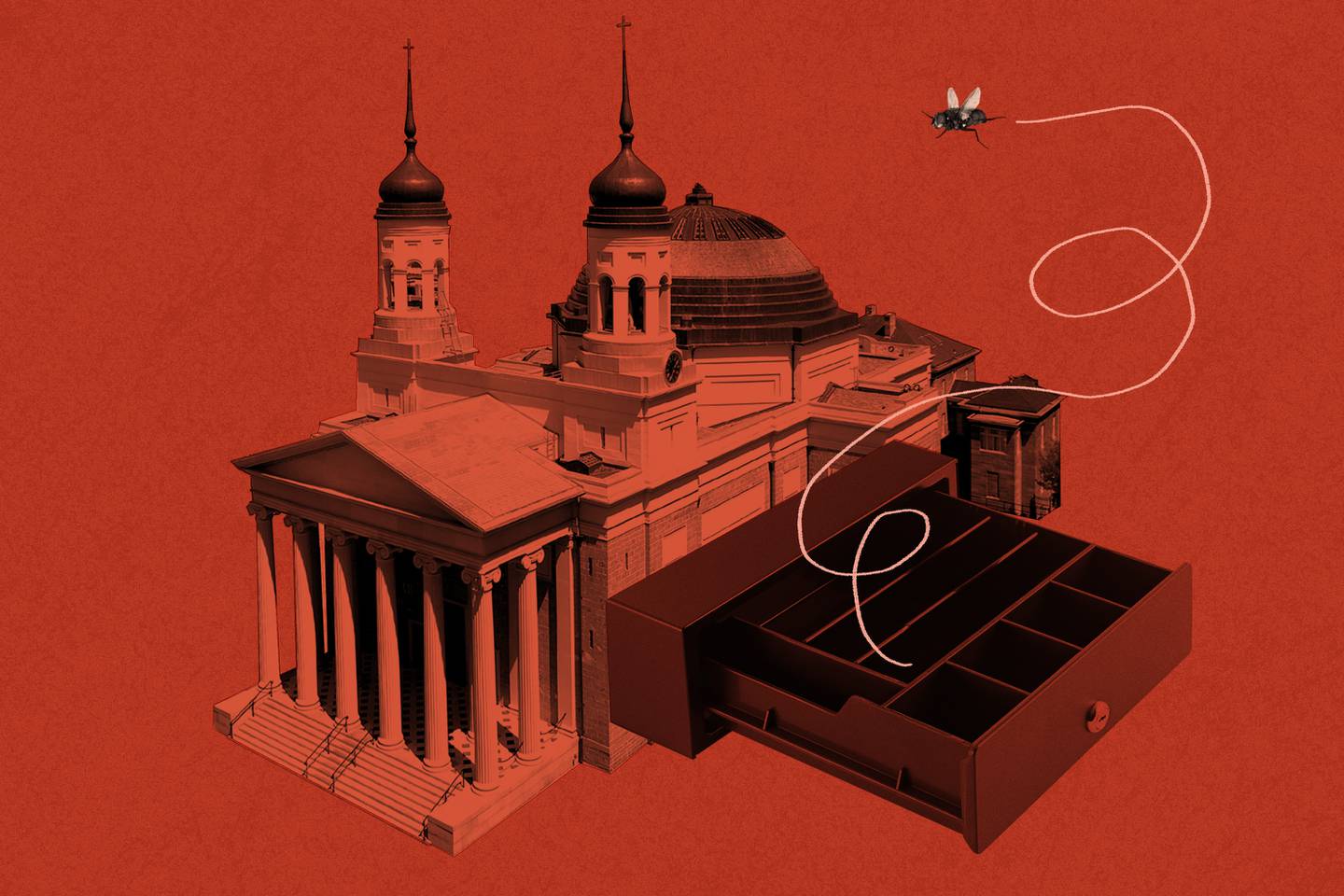 Photo collage showing the Baltimore Basilica from overhead, with a huge and empty cash box drawer popping out of its side. A fly flies out of the empty cash drawer.