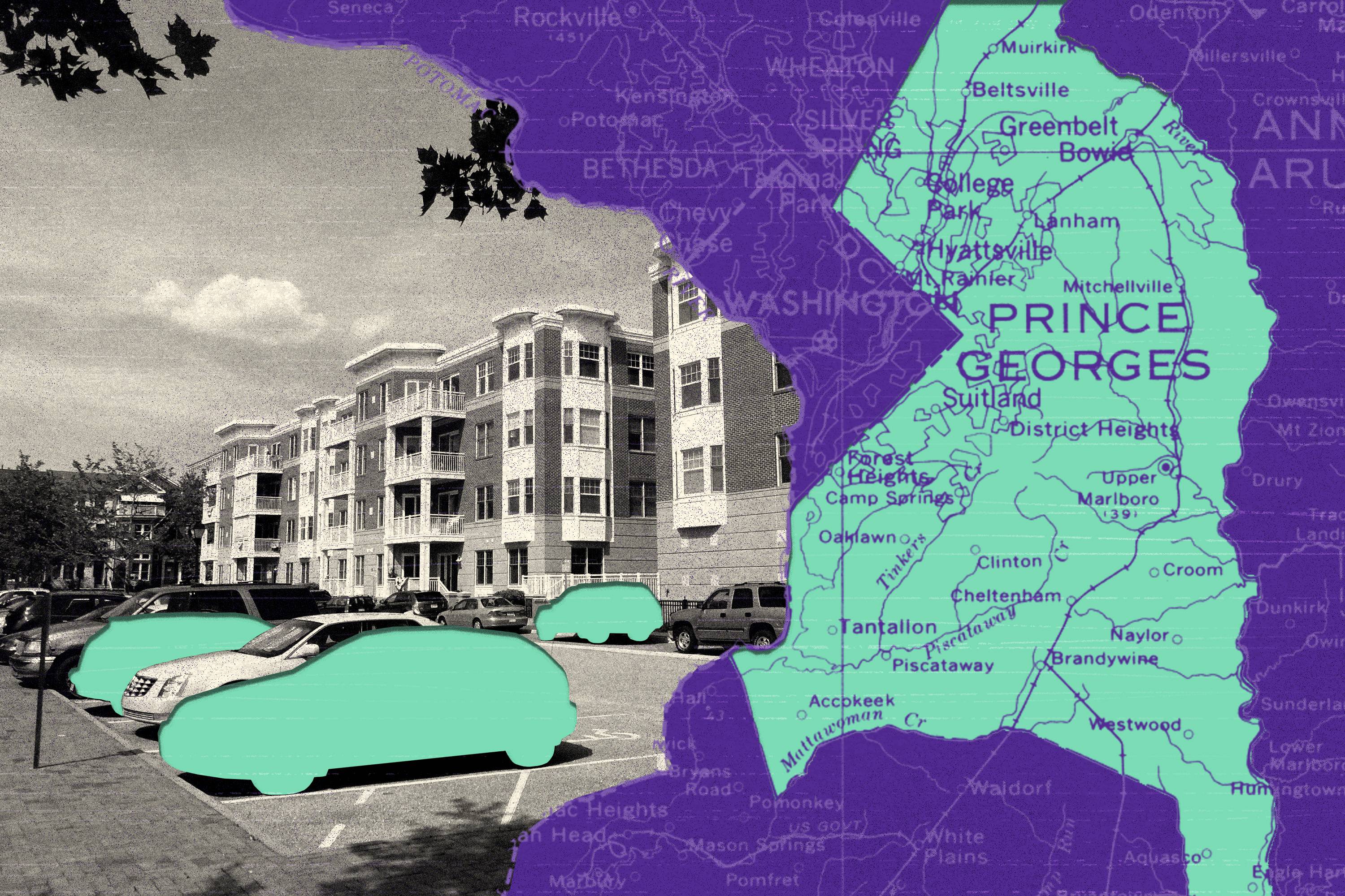 Photo illustration shows, on left, photo of parking lot with apartment condominiums in the background, with three cars cut out of image, showing a teal background. On the right is a dark purple map of Maryland and the District of Columbia with teal behind Prince Georges County.