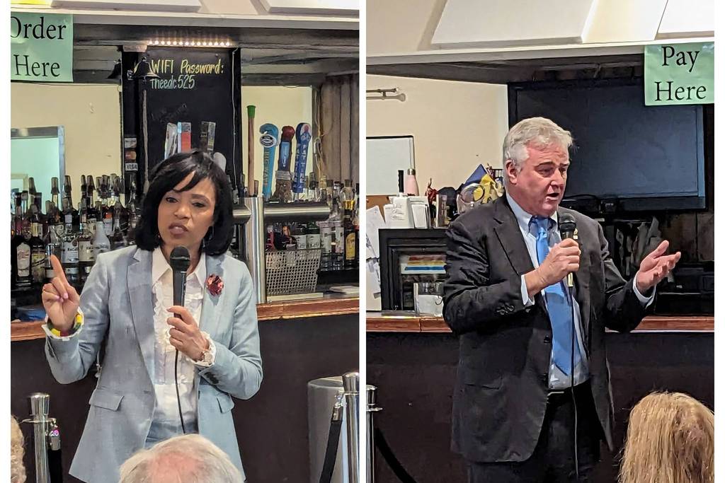 Angela Alsobrooks and David Trone speak at the Almost 7:30 Democratic Club in Annapolis months apart.