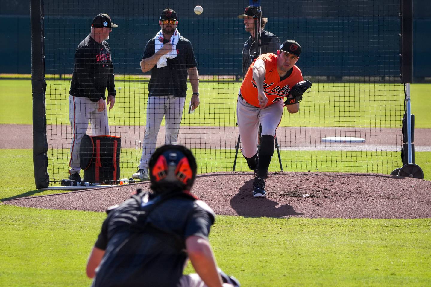RHP Grayson Rodriguez delivers a pitch to catcher Adley Rutschman at Ed Smith Stadium in Sarasota on 2/22/23. The Baltimore Orioles’ Spring Training session runs from mid-February through the end of March.