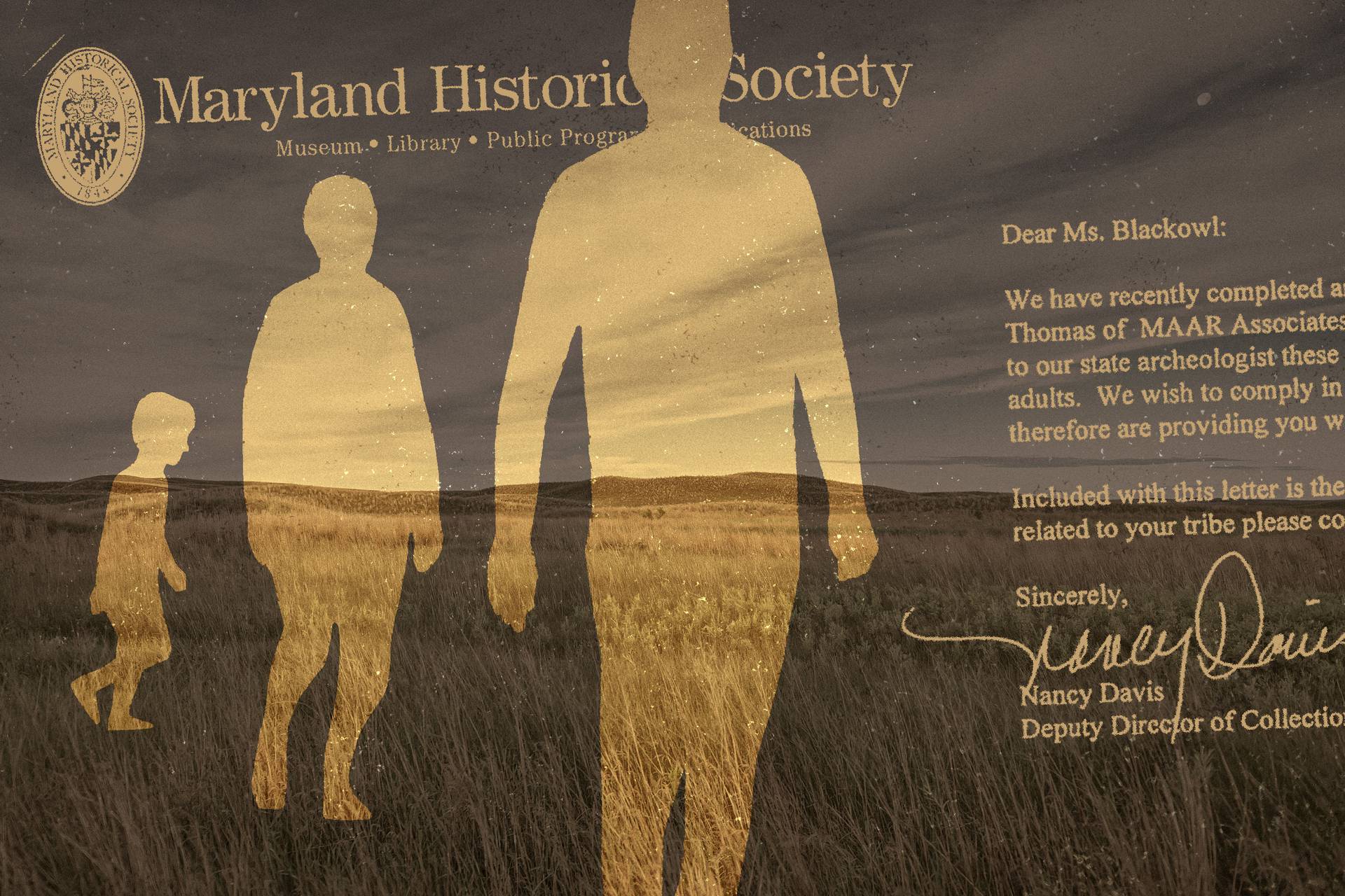 Photo collage showing silhouettes of two adults and a child walking over prairie landscape, with excerpts from 1997 letter from Maryland Historical Society to the Pawnee Nation.