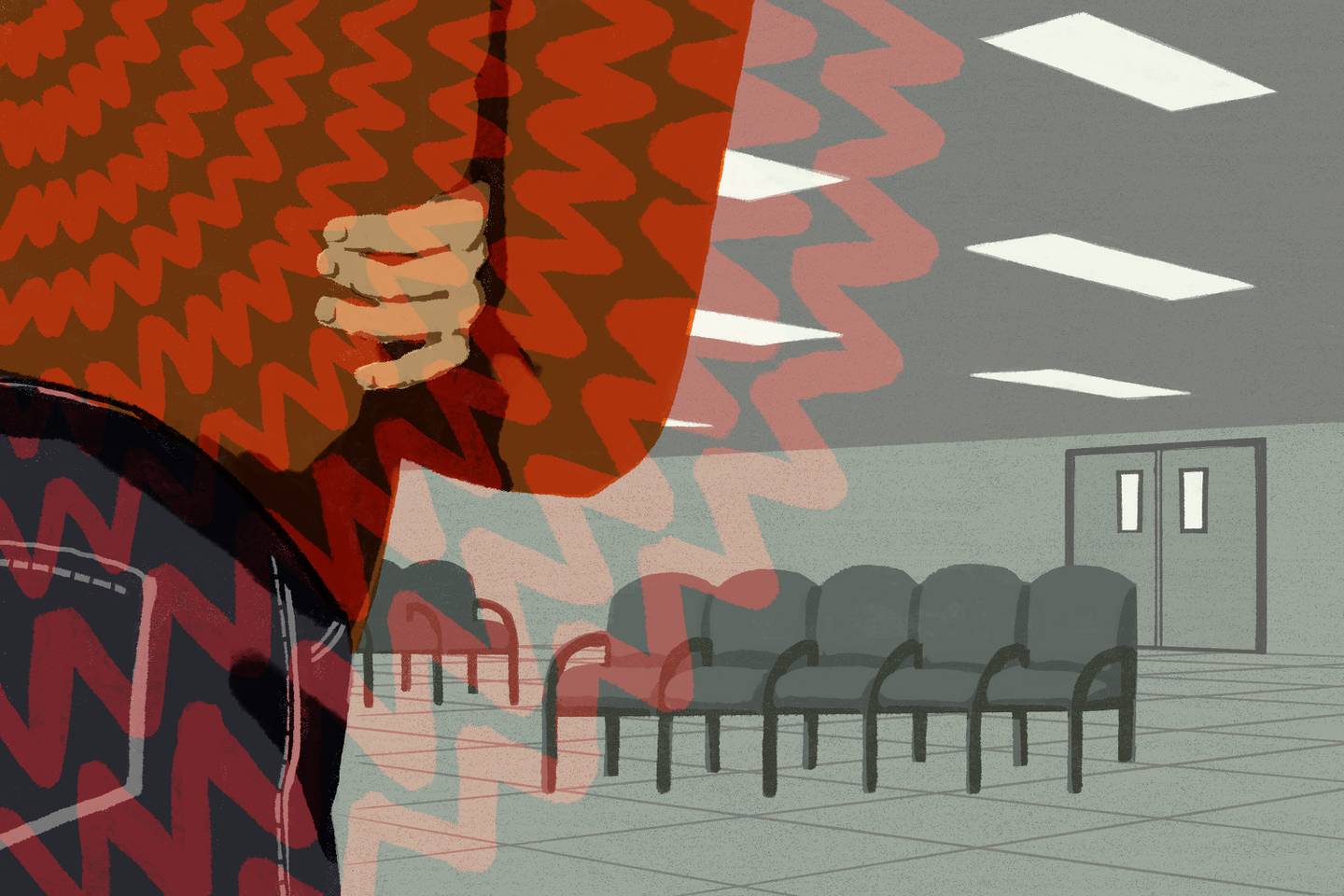 Illustration showing woman in extreme foreground, bending at waist, clutching herself, with radiating jagged lines showing her pain. In background, waiting room chairs and double doors to emergency room.