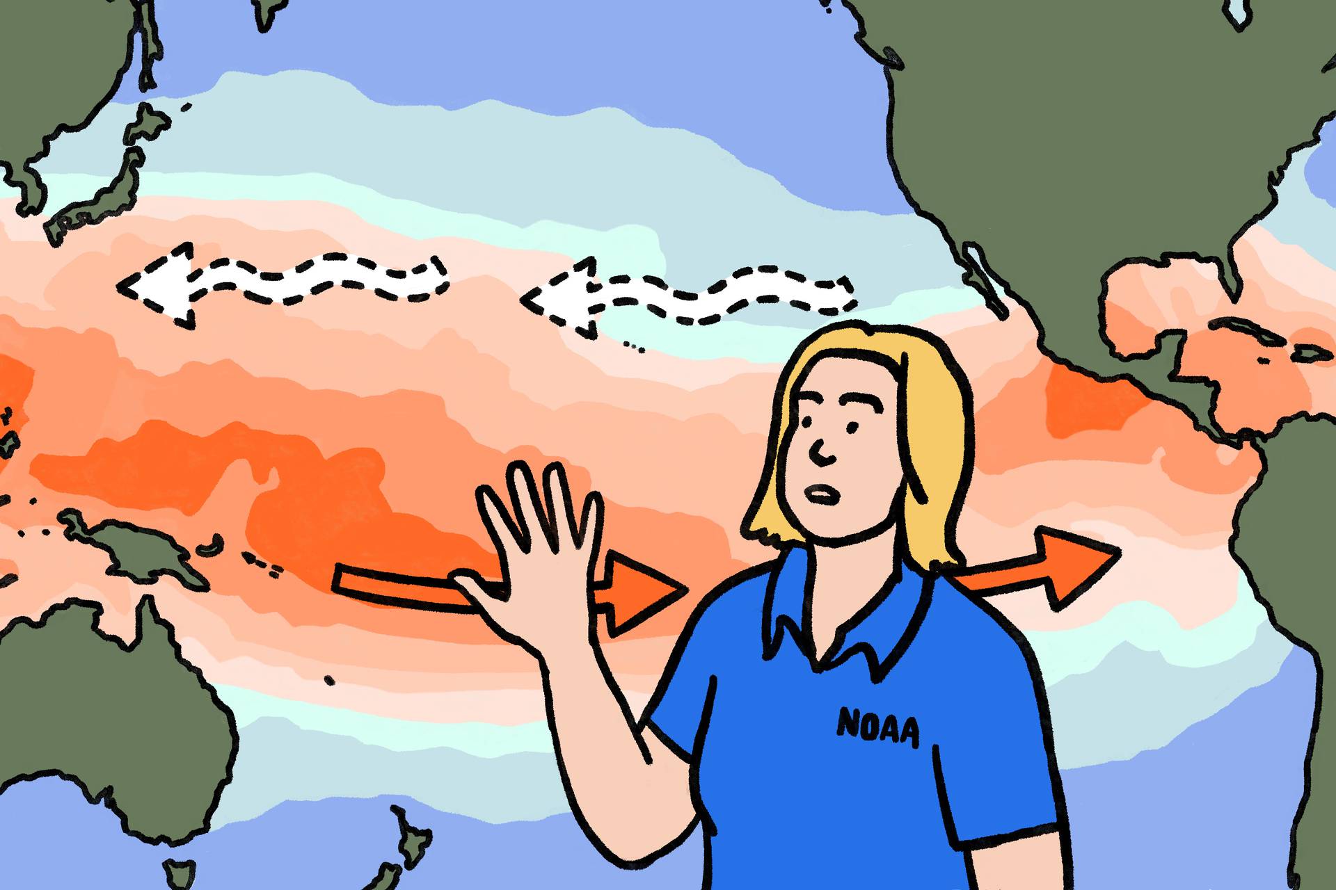 Illustration of NOAA scientist gesturing toward graphic showing red and orange areas of the Pacific ocean between Papua New Guinea and South America to indicate warmer water temperatures.