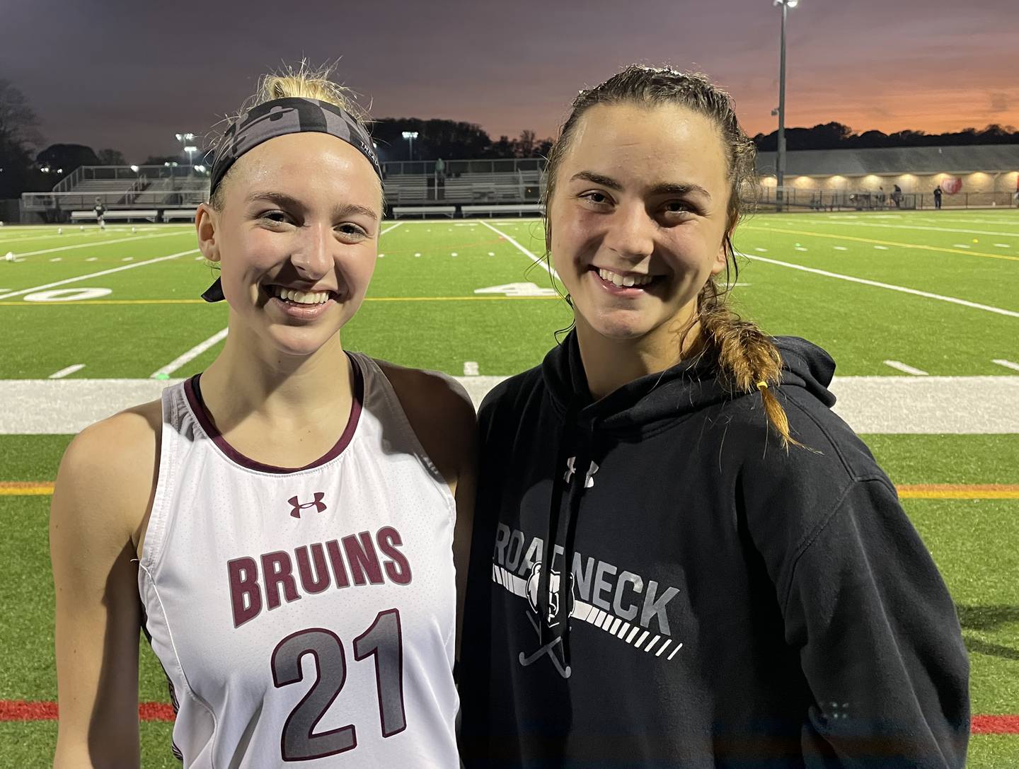 Seniors Maya Everett (left) and Arden Huntesman helped lead No. 1 Broadneck to a 3-1 victory over No. 6 Severna Park in the Class 4A state semifinals. Huntsman had a goal and an assist as the Bruins (18-0) continued their quest for a third state title and their first in 20 years.