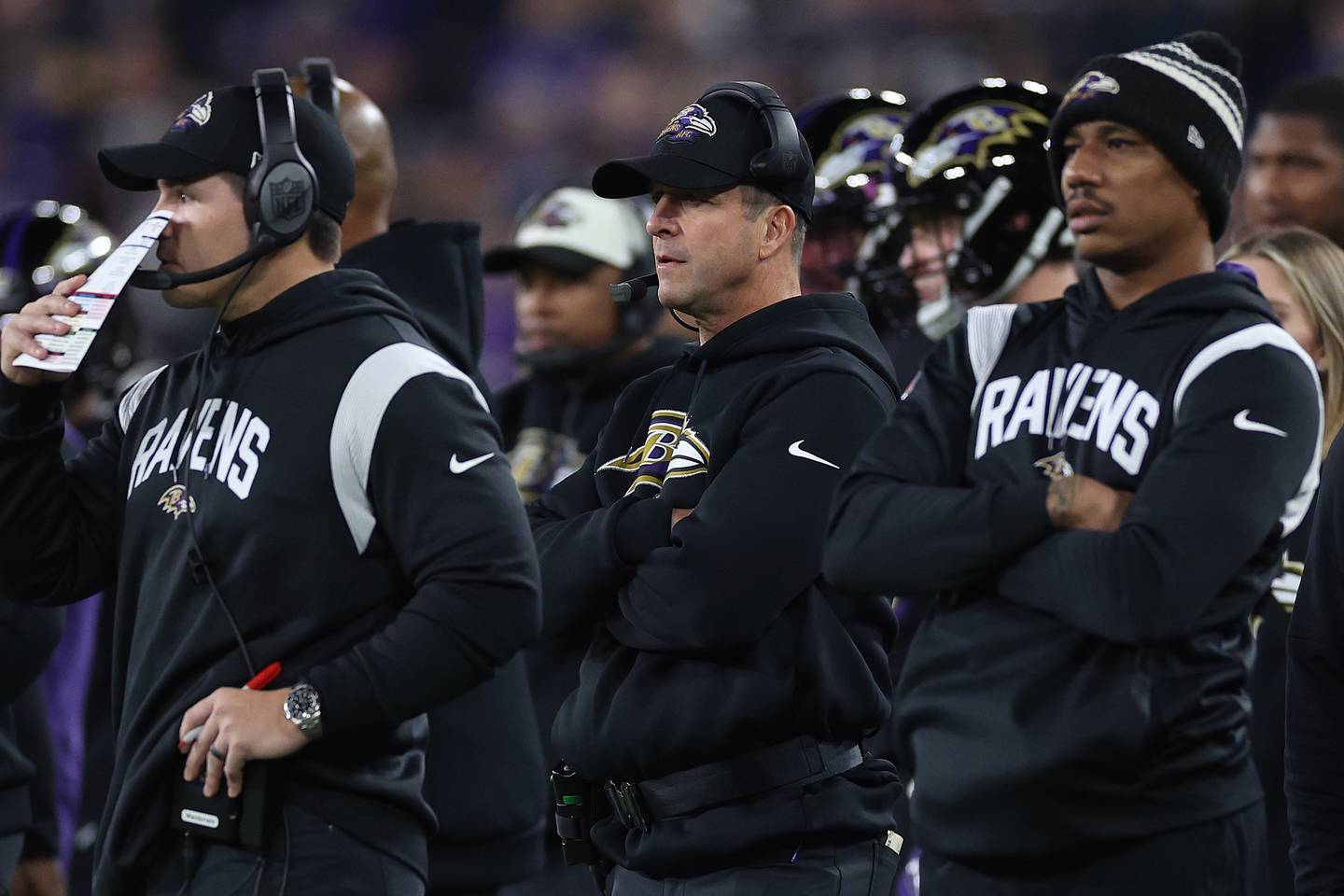 BALTIMORE, MARYLAND - JANUARY 01: Head coach John Harbaugh of the Baltimore Ravens looks on against the Pittsburgh Steelers during the first quarter at M&T Bank Stadium on January 01, 2023 in Baltimore, Maryland.