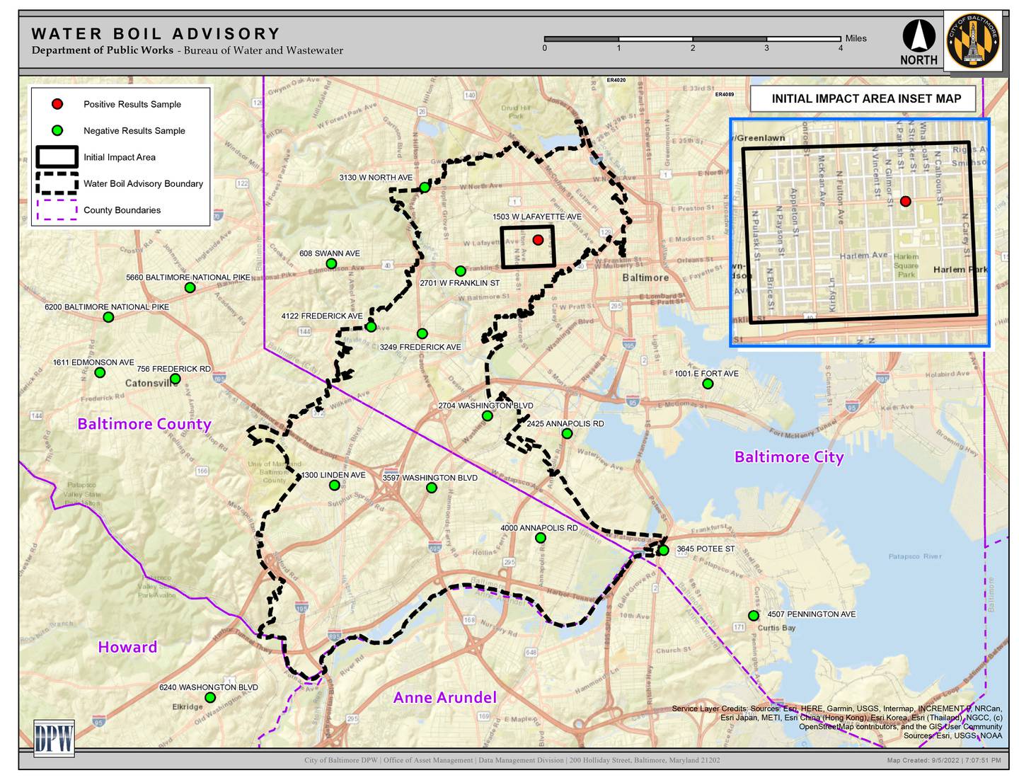 An updated map of the area that is under a water boil advisory by the Department of Public Works.