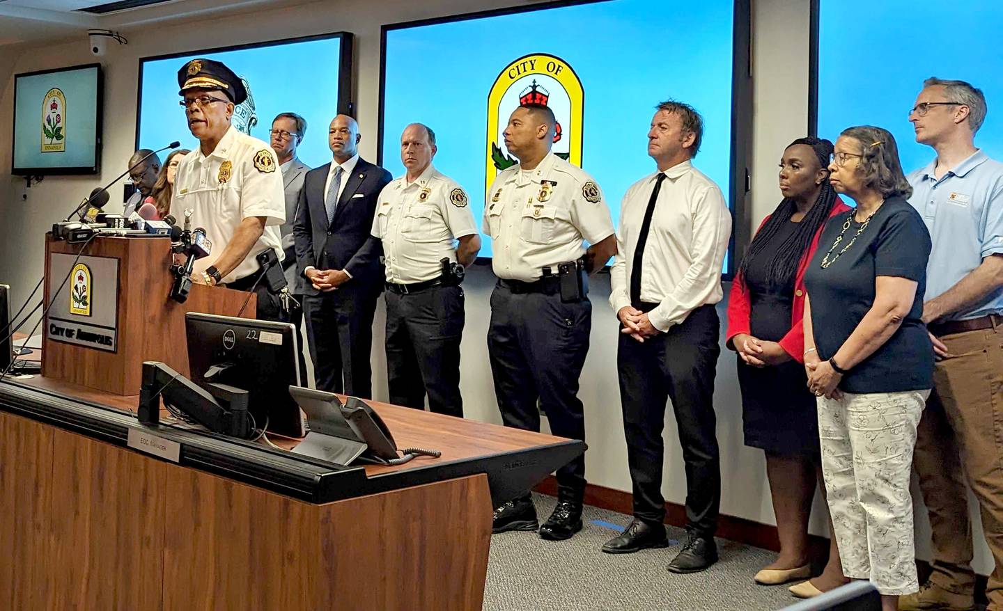 Annapolis Police Chief Ed Jackson attends a news conference on the mass shooting in Annapolis that left three dead and three wounded. Standing rear to him is.Gov. Wes Moore.