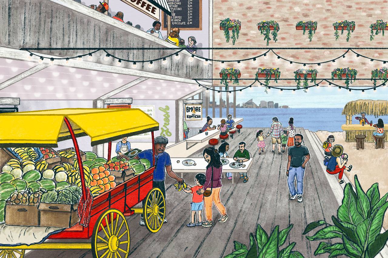 A colorful hand drawn illustration of Harborplace, as imagined by a Baltimore Banner reader. It shows a food hall with a wagon full of produce, plants, a tropical juice bar and views of Inner Harbor.