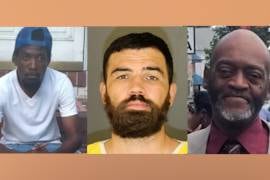 Gordon Staron, middle, is under investigation for the killing in Baltimore's Central Booking of Javarick Gantt, left. Staron was already being detained for the fatal stabbing of Keith Bell, right.