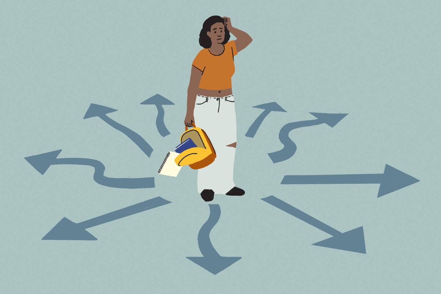 Illustration of young woman holding backpack and scratching her head, with arrows radiating in all directions out from her feet.