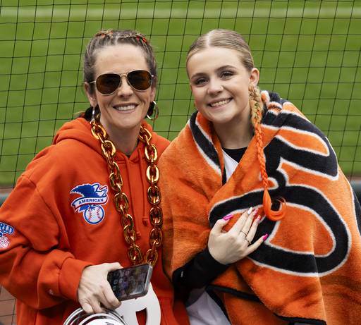 Mom and daughter team Danielle and Chole Vice attend the Orioles baseball game on Opening Day at Camden Yards on March 28, 2024.