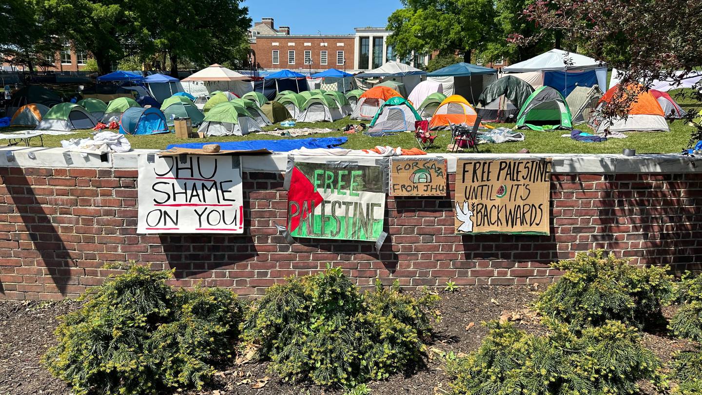 Pro-Palestinian protesters have turned a grassy area on Johns Hopkins' Homewood campus called "the beach" into a tent encampment.