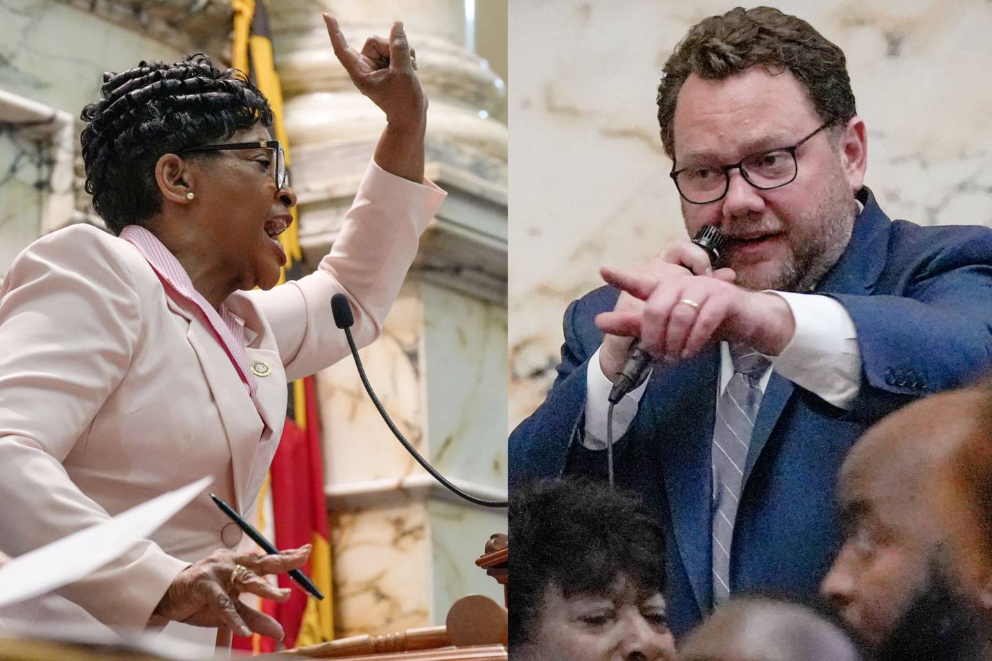 House Speaker Adrienne A. Jones, left, and Del. Nic Kipke, right. Kipke questioned Jones' ruling to end voting without letting Republican members explain their vote.