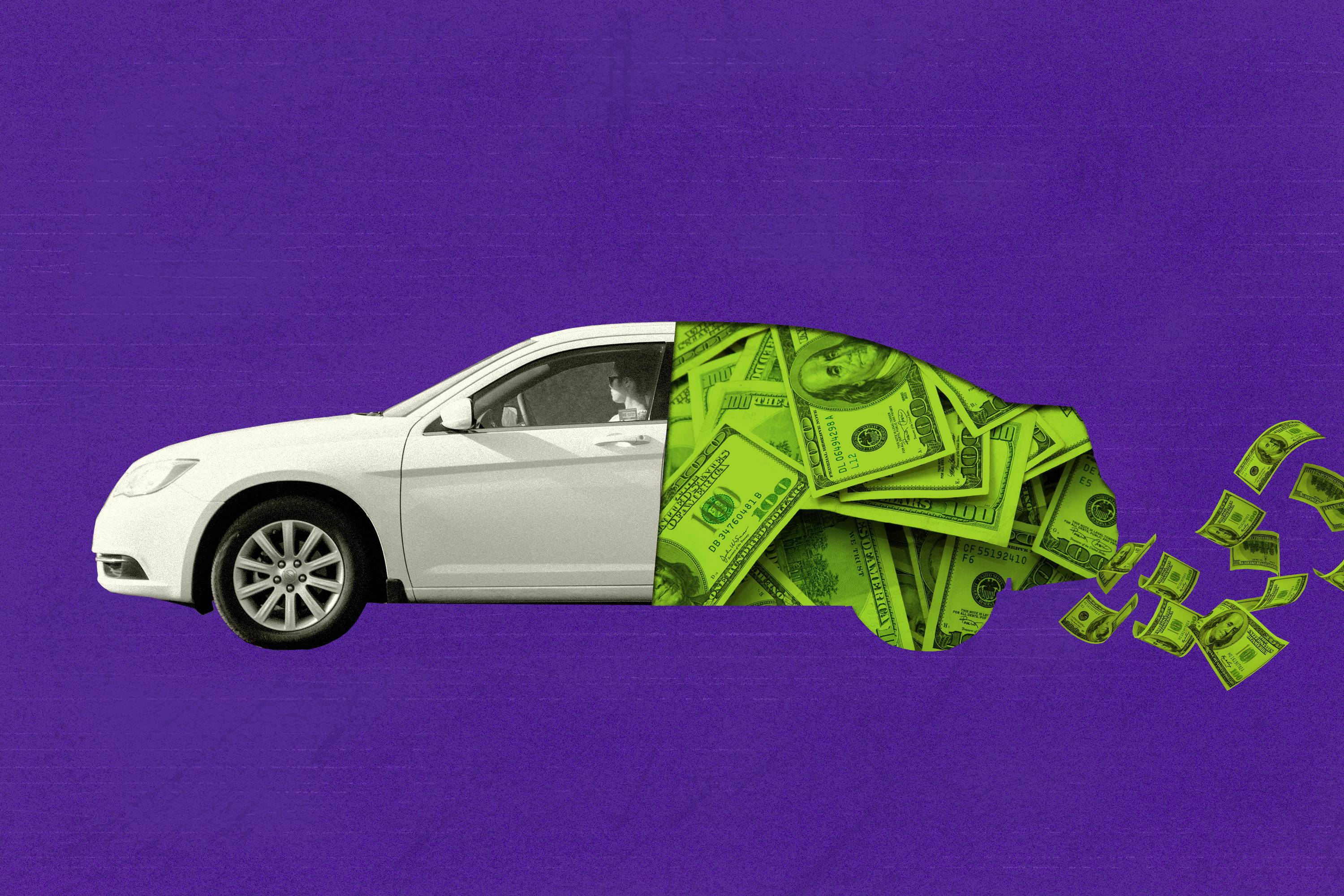 Photo illustration of white sedan driving toward the left of the image against a dark purple background. The rear of the car is cut out, and a pile of one hundred dollar bills fills the back silhouette of the car. One hundred dollar bills fly away from the rear of the car.