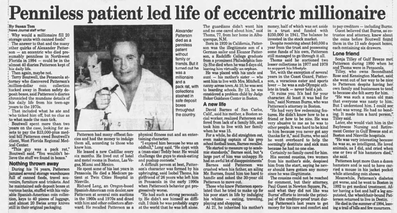 An article in the July 16, 1996 edition of the Pensacola News Journal details the tragic life of Alexander Patterson.