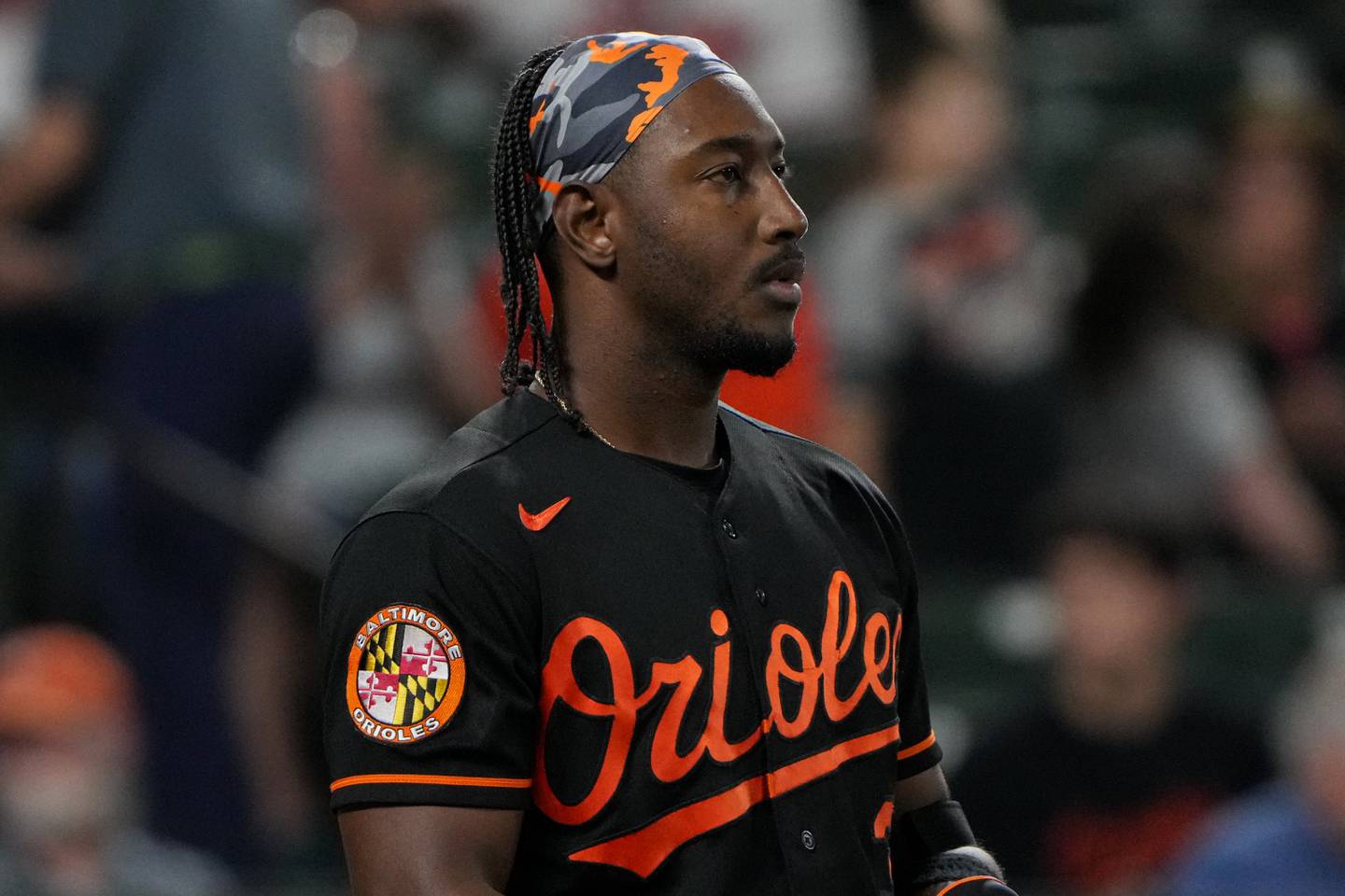 Baltimore Orioles shortstop Jorge Mateo (3) removes his helmet during an inning change during a game against the Tampa Bay Rays in Baltimore on Monday, May 8. The Rays and Orioles played the first game of a series on Monday.
