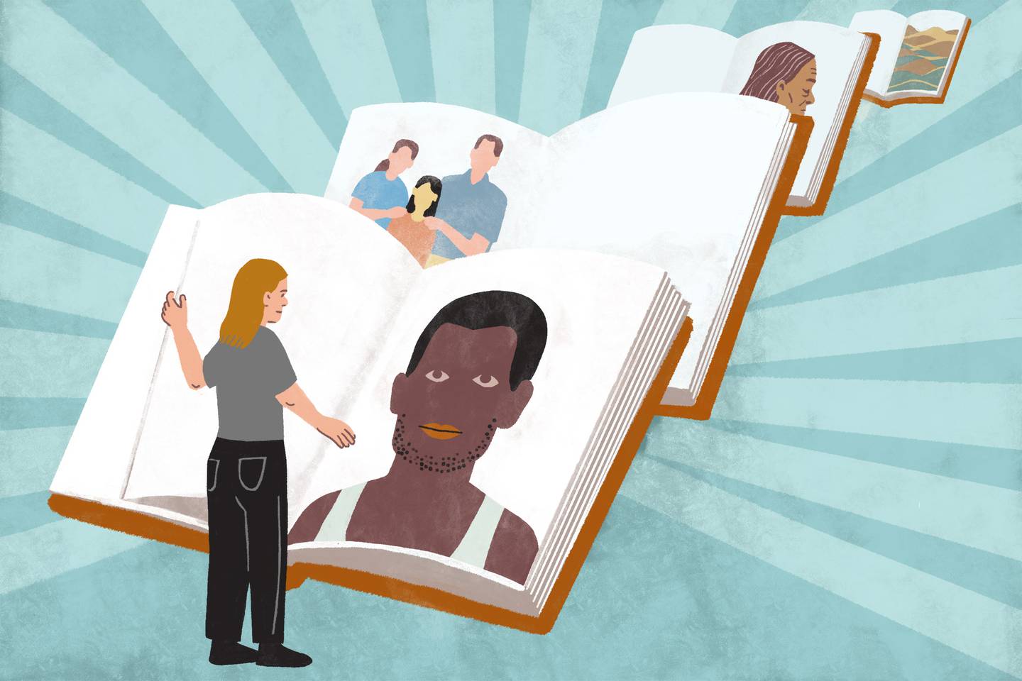 Illustration of white woman holding open book, looking at image of Black gender nonconforming person; open books in background recede diagonally, showing images of adopted East Asian daughter with white parents; an older woman of color; and a landscape.