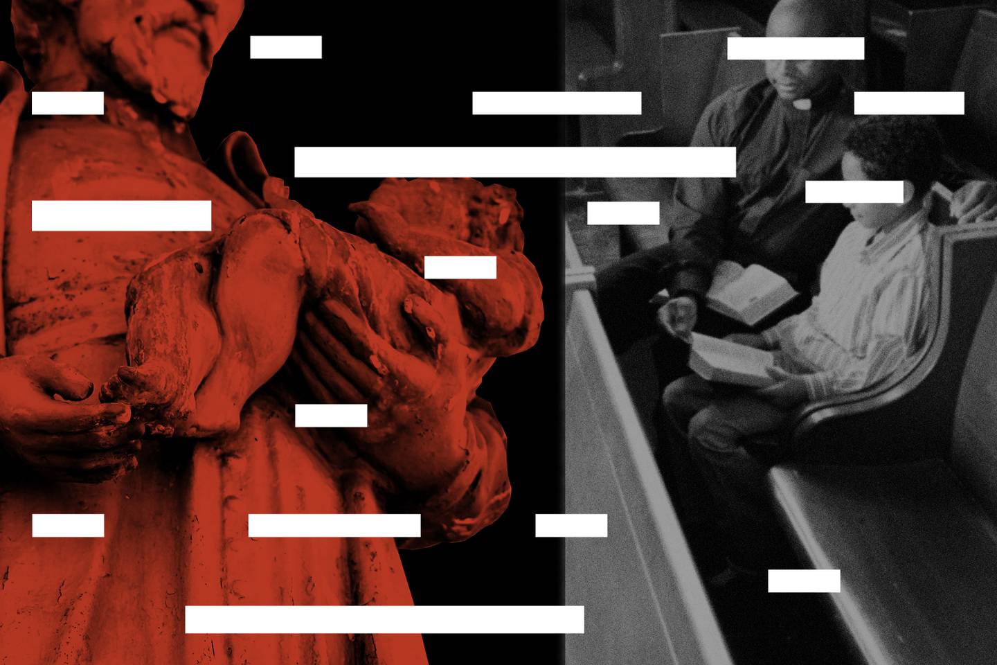 Photo collage showing statue of man cradling infant in arms next to image of priest and boy sitting in pews reading Bibles, overlayed with variety of short and long white redaction boxes.