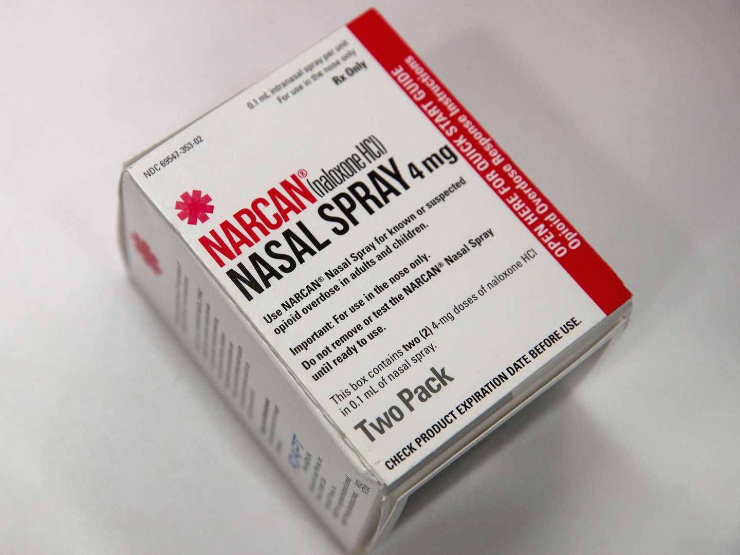 A package of NARCAN (Naloxone) nasal spray sits on the counter at a Walgreens pharmacy, August 9, 2017 in New York City.