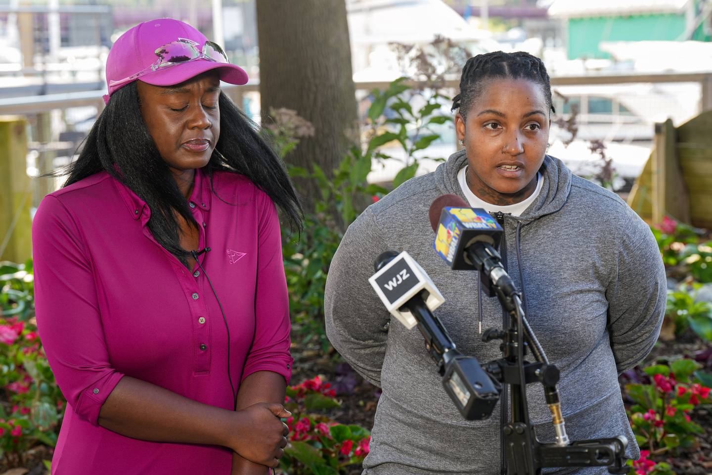 Victoria Lawson, right, stands with her brother Donald Lawson’s wife, Jacqueline Lawson, during a press conference in Eastport on July 24, 2023 regarding Donald’s disappearance during a recent sailing trip. Donald’s family hasn’t been able to reach him for more than a week as of Monday during the presser.