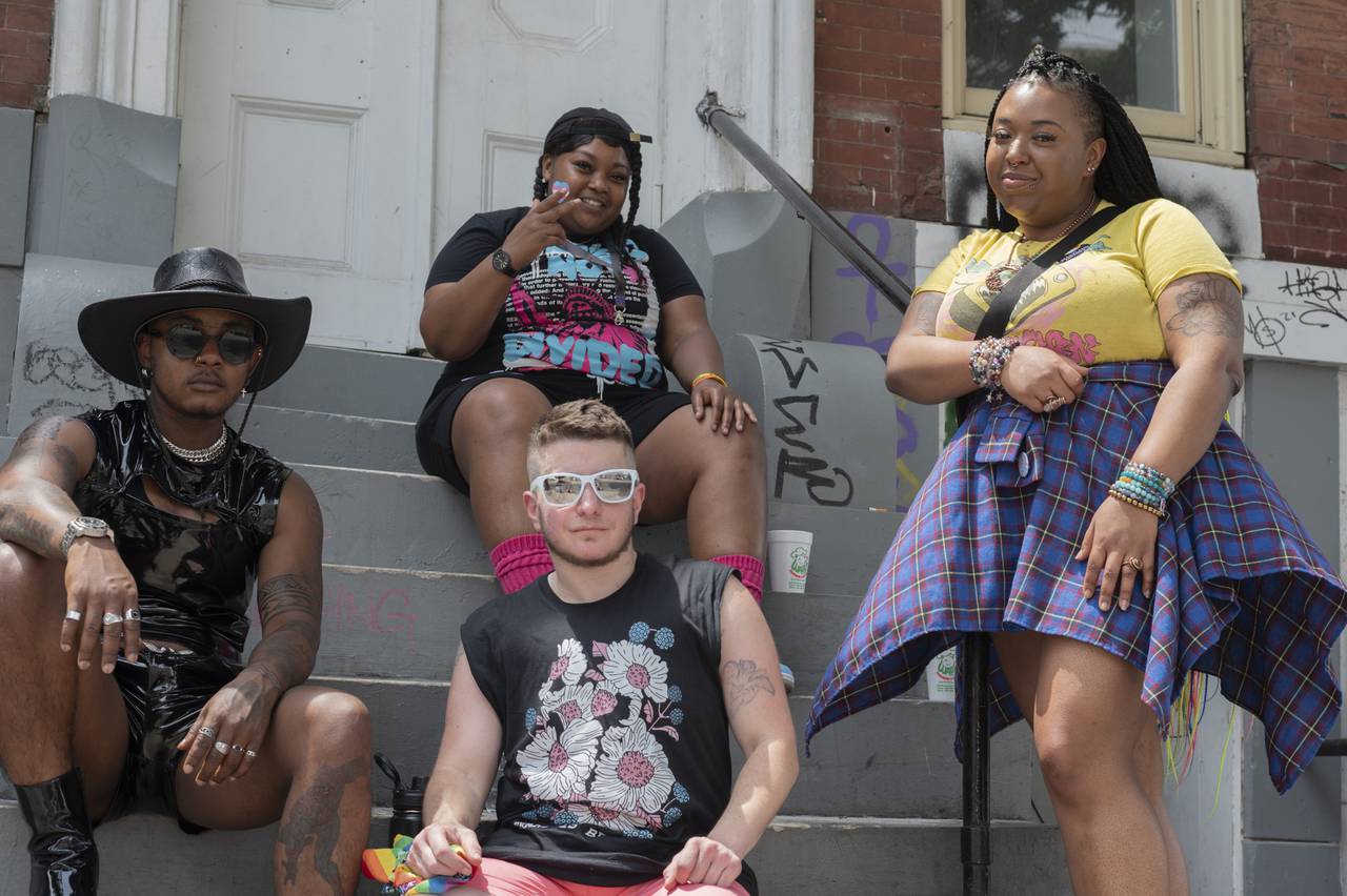 Breion Evans, Shir Wolf, Ciara Pollard, and Jasmine Ivy wait for the Trans Pride parade to begin in Baltimore on June 3, 2023.