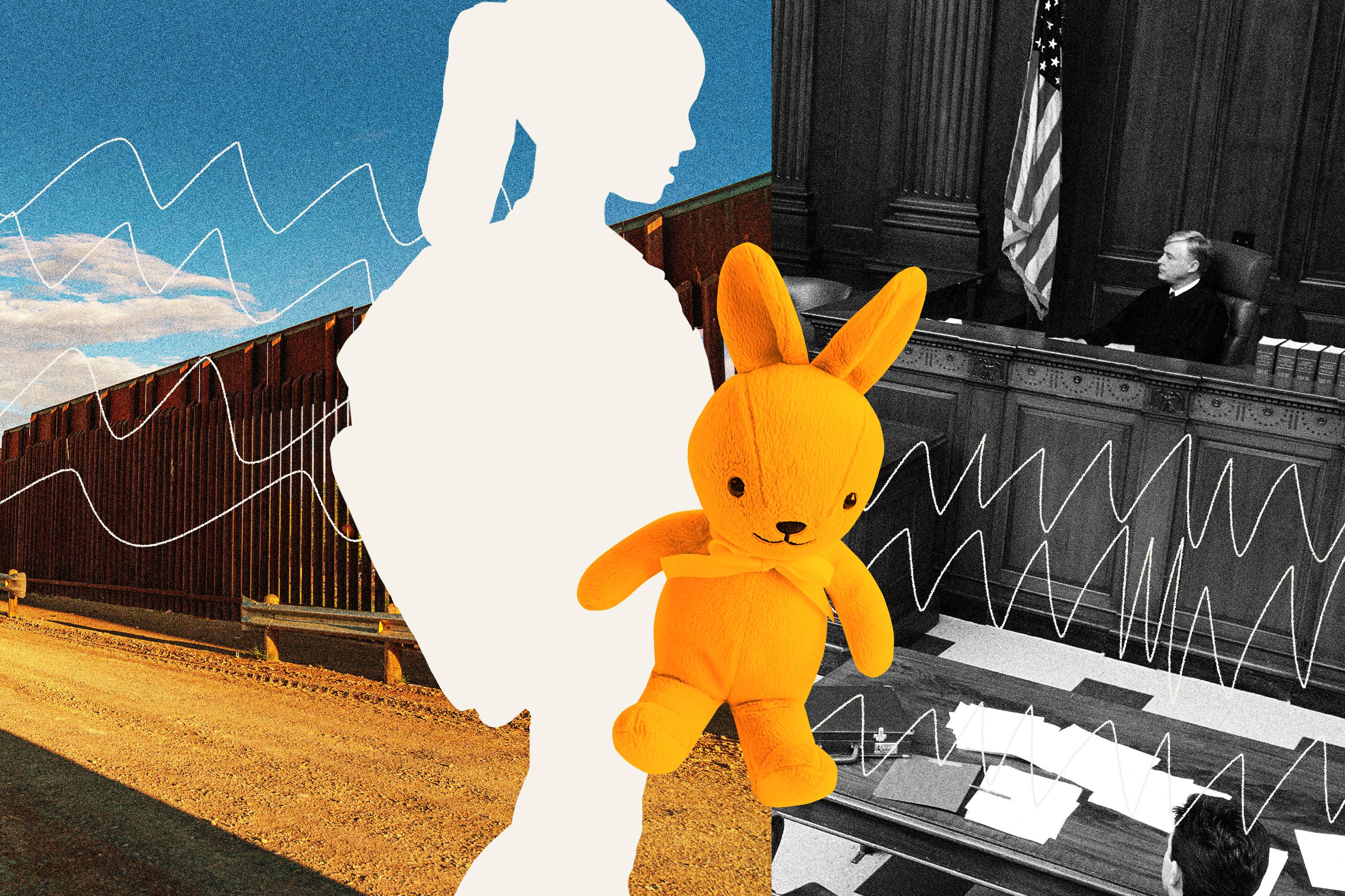 Photo collage of silhouette of young girl with ponytail and backpack next to bright orange stuffed toy rabbit. The background shows on the left a photo of the border wall between the USA and Mexico, and on the right a grayscale photo of a judge in a courtroom.