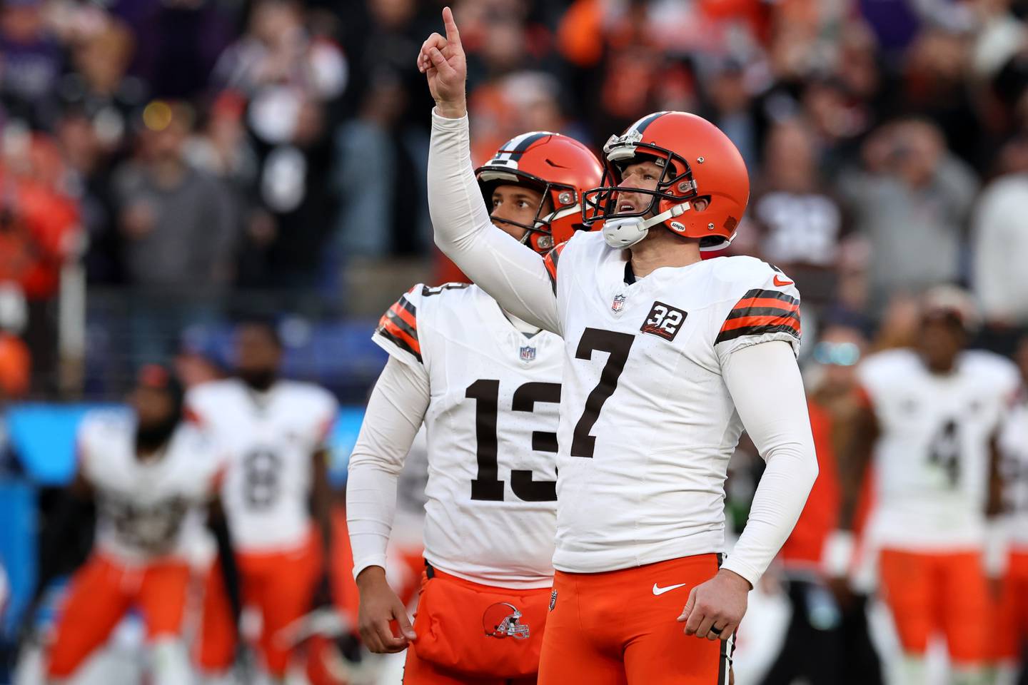 BALTIMORE, MARYLAND - NOVEMBER 12: Dustin Hopkins #7 of the Cleveland Browns celebrates after kicking a field goal against the Baltimore Ravens during the fourth quarter at M&T Bank Stadium on November 12, 2023 in Baltimore, Maryland. (Photo by Todd Olszewski/Getty Images)
