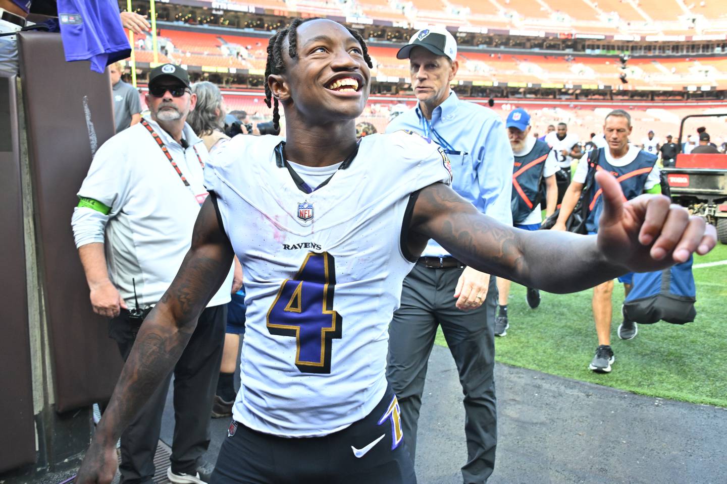 CLEVELAND, OHIO - OCTOBER 01: Zay Flowers #4 of the Baltimore Ravens smiles after his team's 28-3 win against the Cleveland Browns at Cleveland Browns Stadium on October 01, 2023 in Cleveland, Ohio. (Photo by Jason Miller/Getty Images)