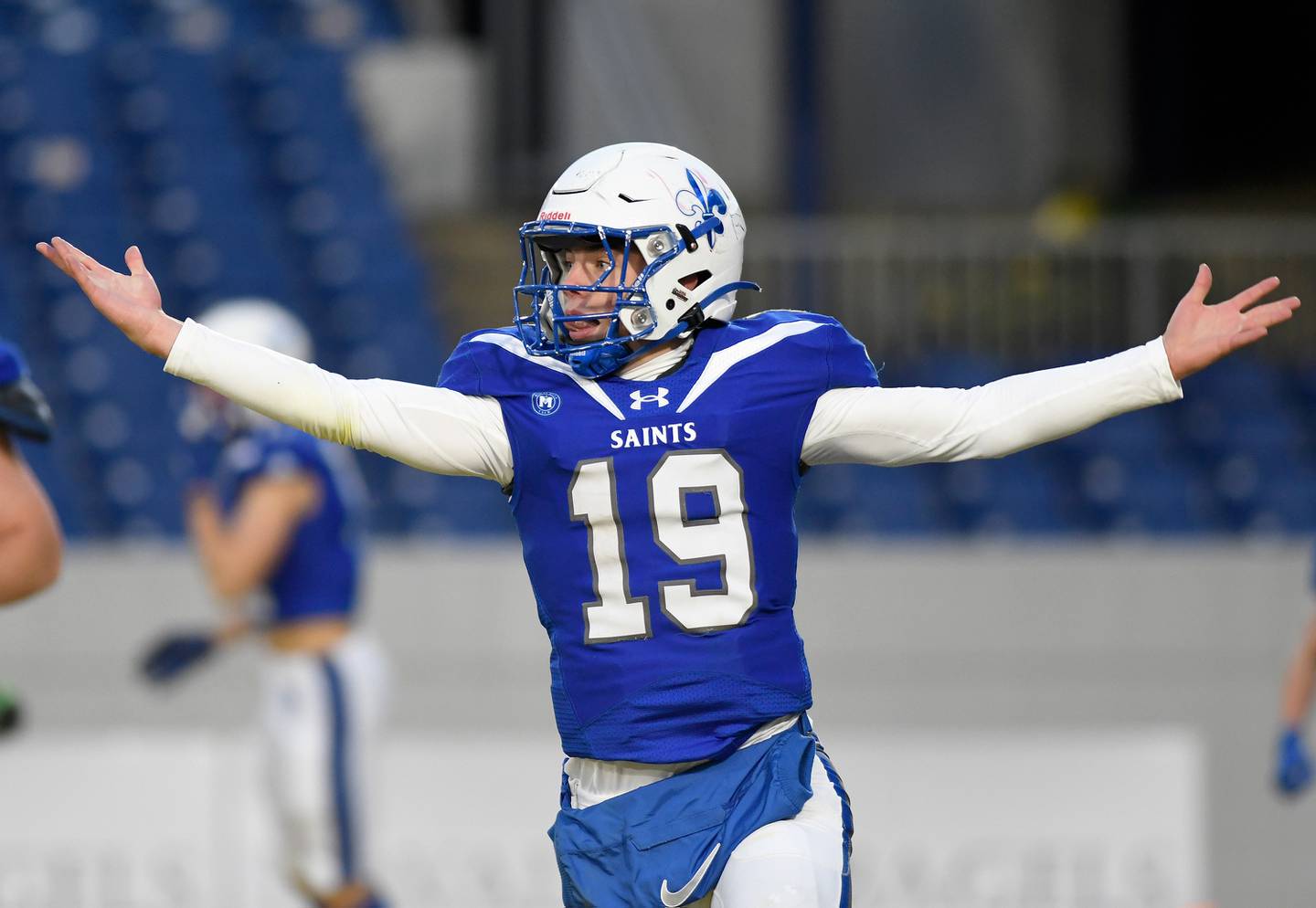 St. Mary's quarterback Carson Petitbon celebrates after scoring against Concordia Prep in the MIAA B Conference football championship, Friday, Nov. 18, 2022 at Navy-Marine Corps Memorial Stadium in Annapolis. St. MaryÕs won 21-13.
