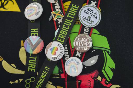 Prudence Watson's lanyards and buttons showing support of cannabis.