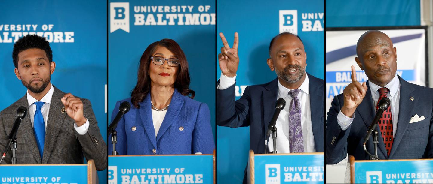 (left to right) Mayor Brandon Scott, former mayor Sheila Dixon, Attorney Thiru Vignarajah, and Businessman Bob Wallace participated in the Banner/WJZ/WYPR mayoral debate at the University of Baltimore’s H. Mebane Turner Learning Commons.