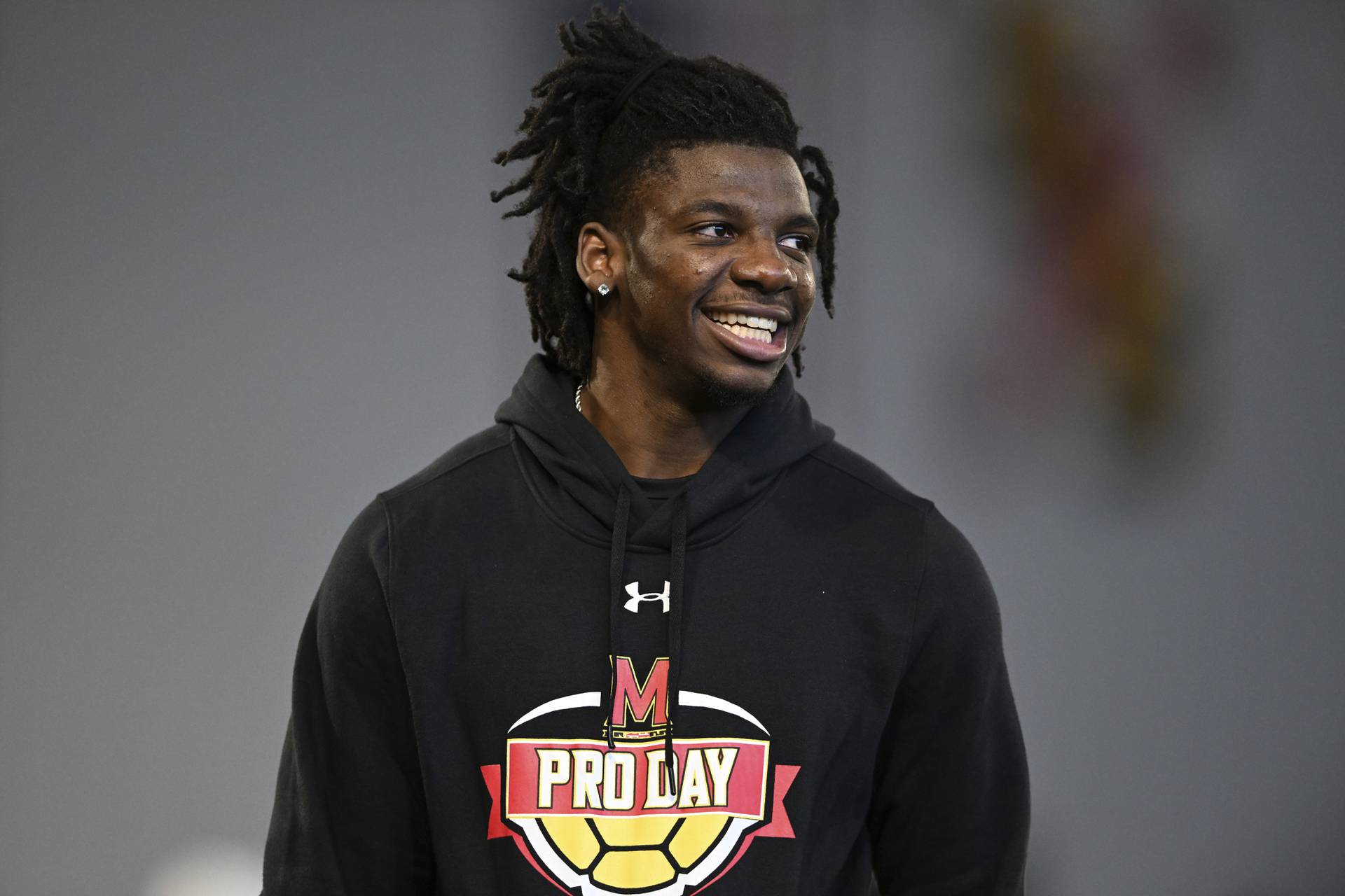 Cornerback Deonte Banks watches from the sidelines during Maryland's football pro day on Wednesday, March 29, 2023, in College Park, Md. Banks did not participate in the workout.