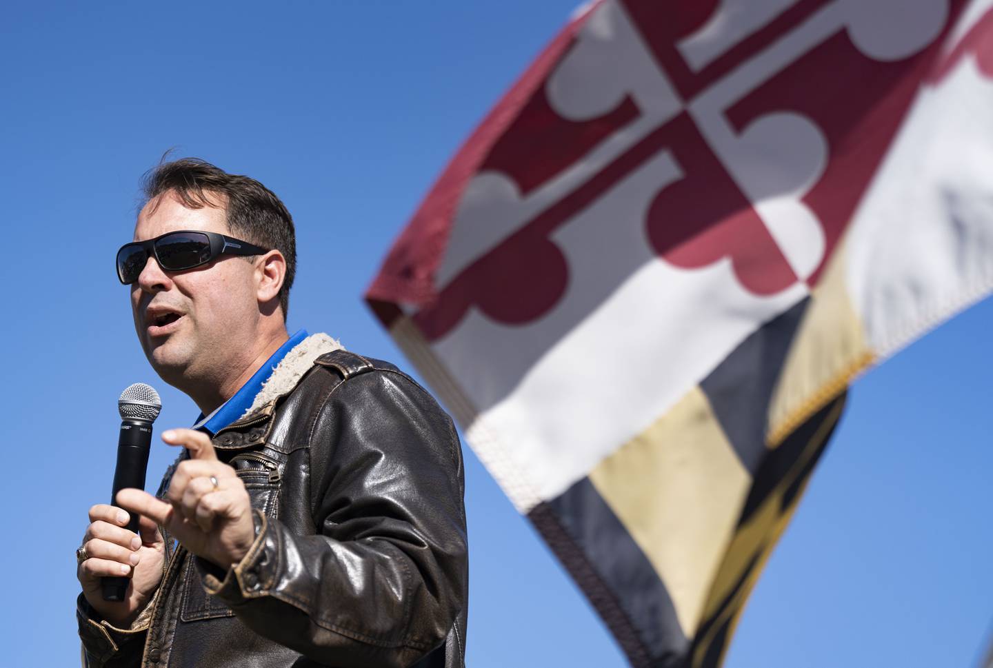 Dan Cox, the Republican nominee for Maryland governor, speaks during The Freedom Rally in Owings Mills, Saturday, October 29, 2022.