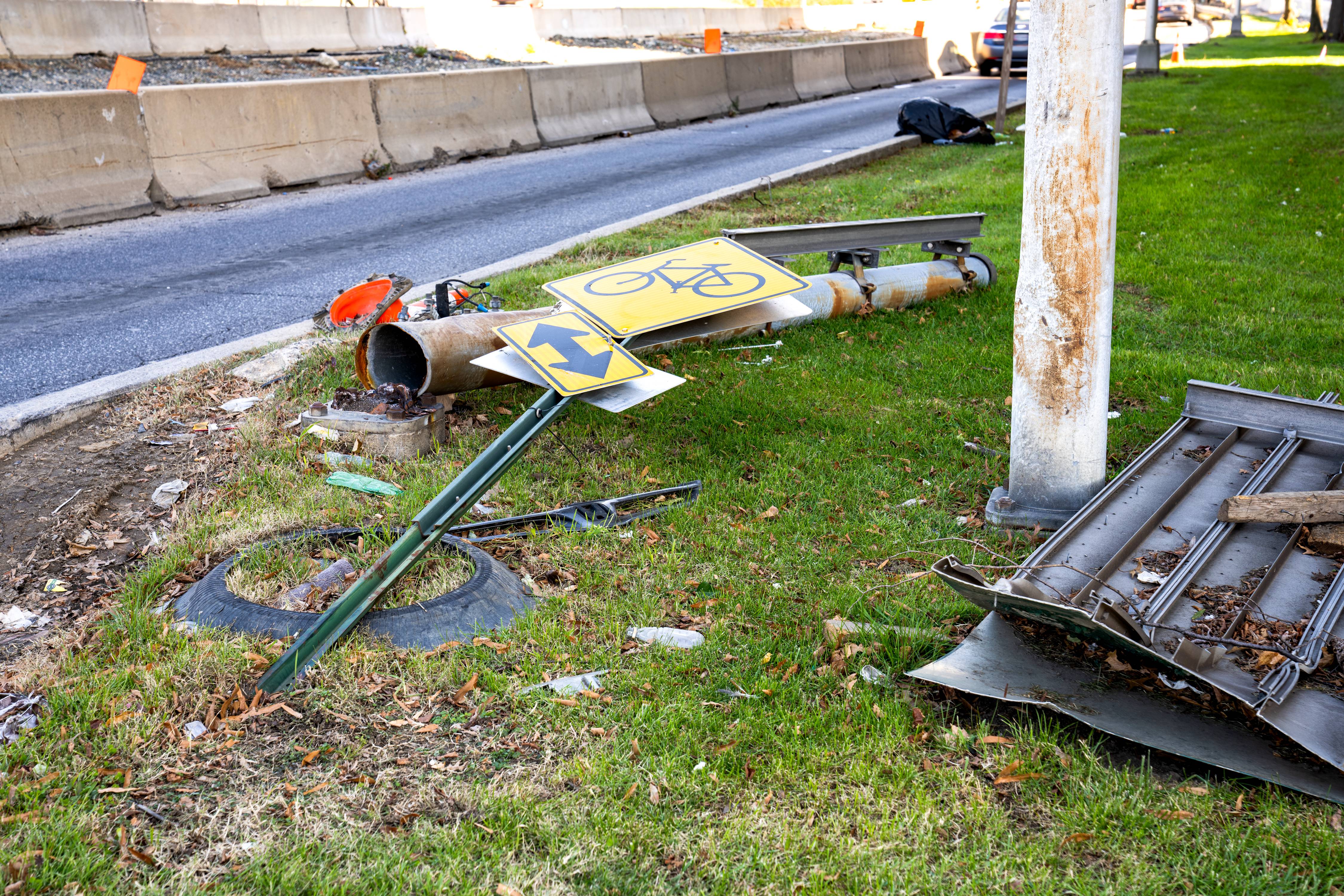 Damaged traffic signs on Druid Park Lake Dr. and Brookfield Dr., Baltimore, Md., on November 23, 2022.