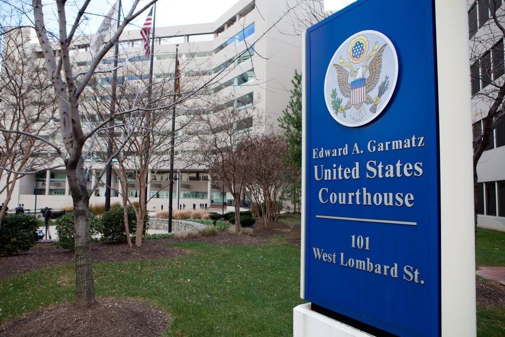 BALTIMORE, MD - DECEMBER 08:  A sign stands outside the Edward A. Garmatz U.S. Courthouse, where a man accused of plotting to bomb an armed forces recruiting station will appear on December 8, 2010 in Baltimore, Maryland. A 21-year-old man was arrested and will appear in court in Baltimore this afternoon.