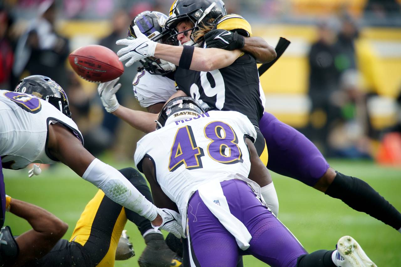 Pittsburgh Steelers wide receiver Gunner Olszewski (89) fumbles a return as he was hit by Baltimore Ravens linebacker Jeremiah Moon (48), Baltimore Ravens linebacker Del'Shawn Phillips (53) and Baltimore Ravens linebacker Trenton Simpson (30) but the Ravens. Three plays later the Steelers intercepted a Jackson pass for a 17-10 loss to the Steeler Sunday Oct. 8th, 2023 at Arcisure Stadium in Pittsburgh, PA.