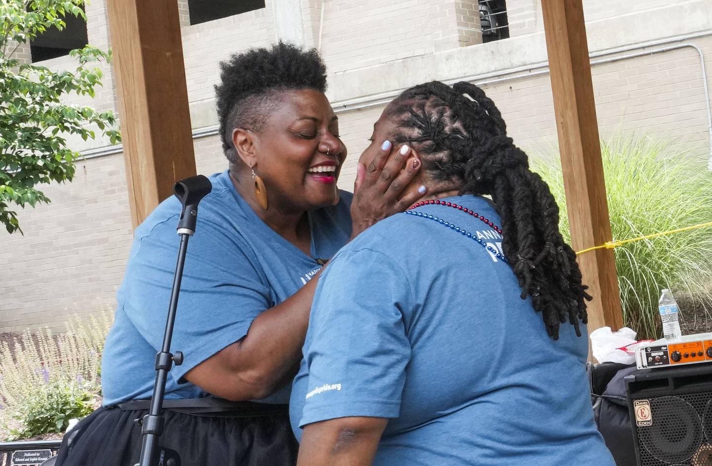 Amena Johnson, 48, and wife Nikki Brooks, 47, renewed their vows during Annapolis Pride by Arundel County Clerk of the Court Scott Poyer on June 3, 2023.