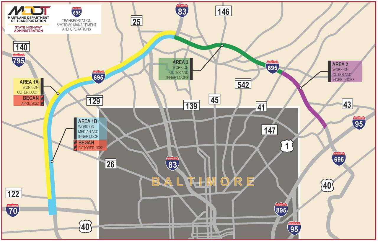 A map of Baltimore City and part of Baltimore County with color-coded sections of Interstate 695 that shows where roadwork is happening.