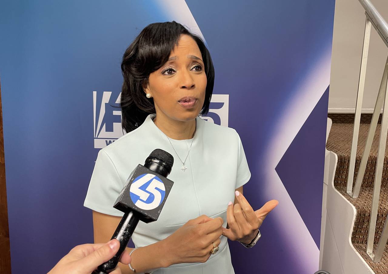 U.S. Senate candidate Angela Alsobrooks speaks to reporters after participating in a debate sponsored by Fox45, The Baltimore Sun and the University of Baltimore on Friday, April 19, 2024.